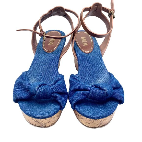 MIA Blue Denim Knot Espadrille Wedge Sandals Cork Size 8.5 Open Toe - Picture 3 of 11